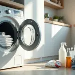 Стиральная машина с чистым бельём и дозированными средствами для стирки и пятновыведения